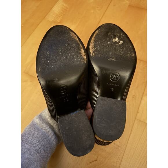 Chanel 2018 Black Silver CC Logo Mules Heels Stripe Chunky 39 - Picture 4 of 6